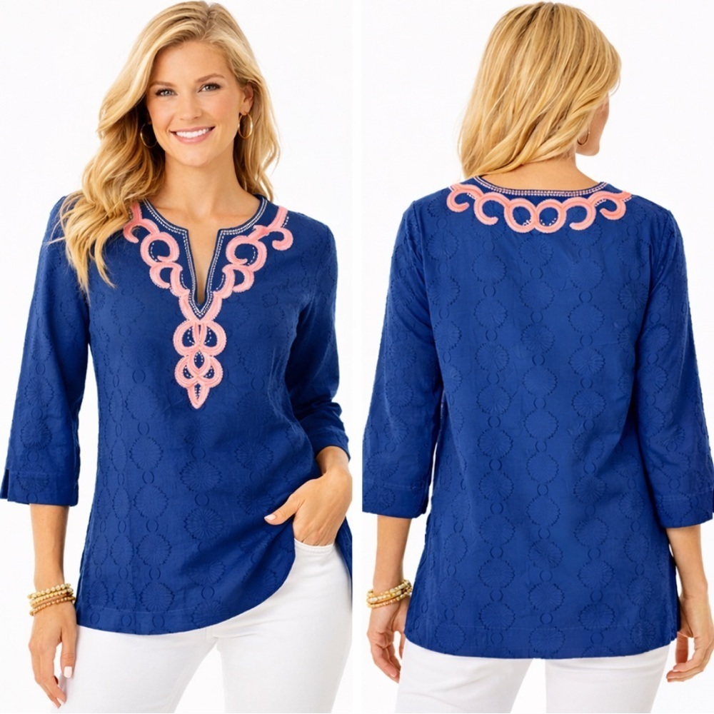 Lilly Pulitzer Tunic Cotton Amelia Island Top Large Navy Coral Gold Resort